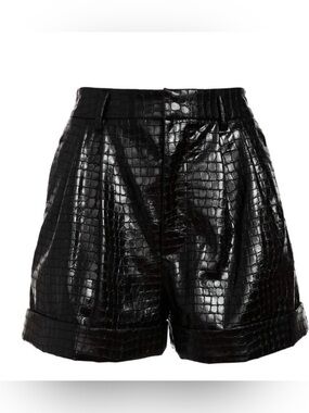 Alice + Olivia Black Croc-Embossed Leather Shorts